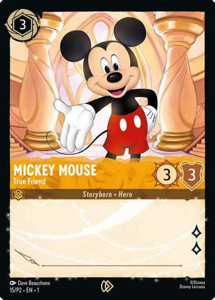 A Mickey Mouse card from Disney Lorcana. The number 8 is in the top left corner. Next to Mickey&rsquo;s name, there is a 5 on a circular background and a 5 on a shield-shaped background. A red banner under Mickey&rsquo;s name says &ldquo;Dreamborn - Hero.&rdquo; The main card text reads: &ldquo;Evasive (Only characters with Evasive can challenge this character.)&rdquo; There are four diamond shapes in the bottom right of the card.