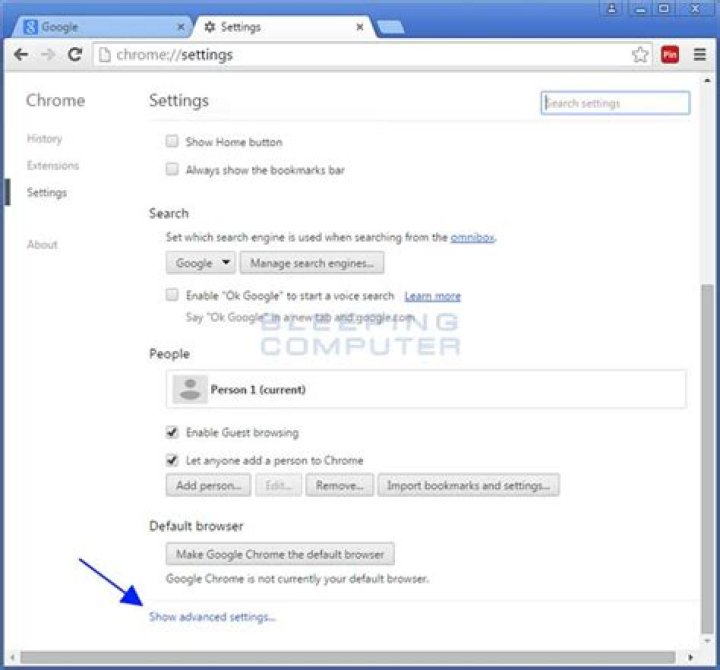 advanced settings option on Chrome OS