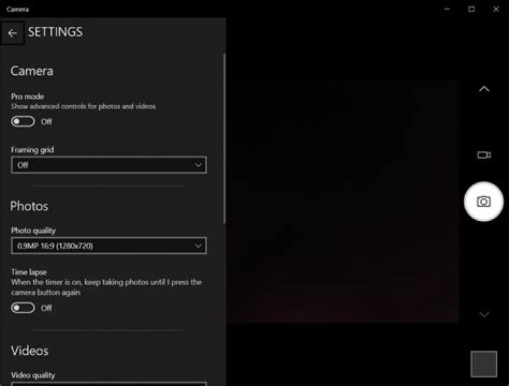 Camera settings in Windows 10