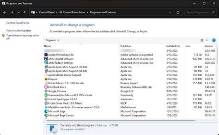 control panel installed programs
