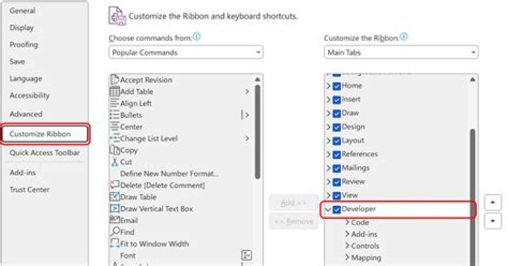 Control section of the Developer tab in Microsoft Word