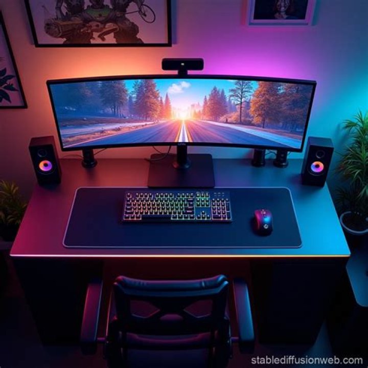desk setup with RGB lighting iPad laptop stand pop figure standing desk
