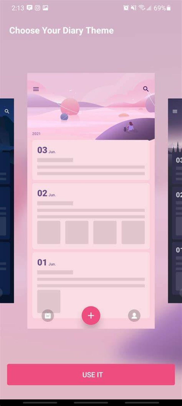 diary app choosing different themes both free and premium