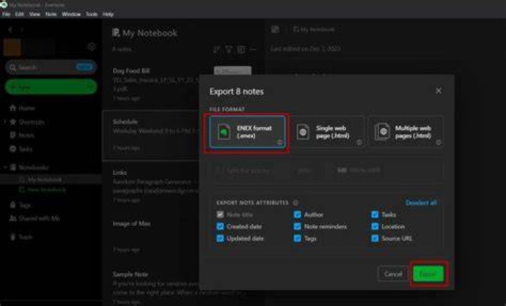Export Notes initial window in Kindle for Mac