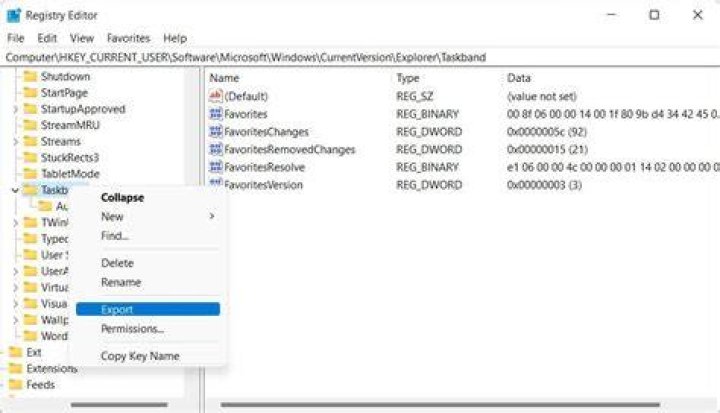 exporting registry taskband key on windows 11