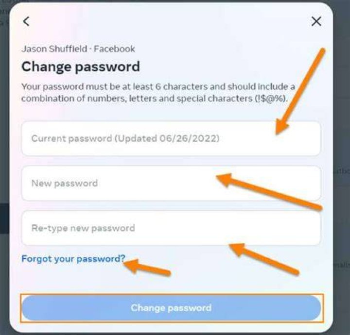 Facebook Change Password Screen