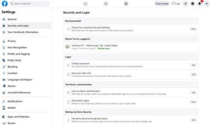 Facebook Security and Login Settings with list of devices that were logged in last.