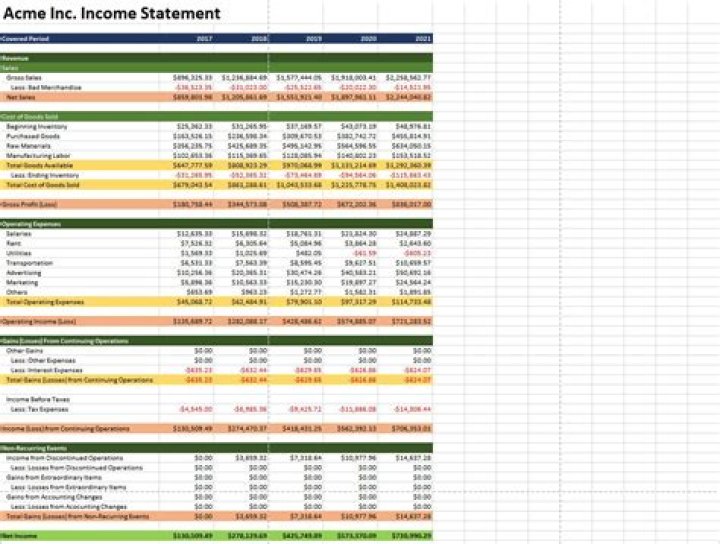 Five year income statement sample on Microsoft Excel