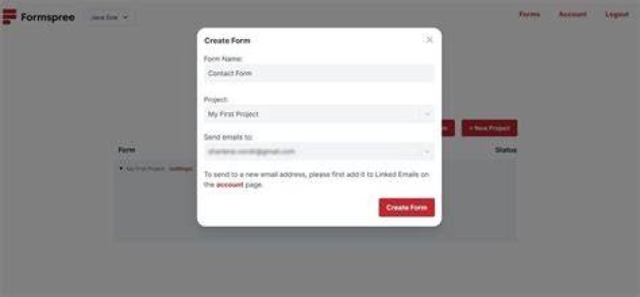 Formspree Create a Form opened with details filled