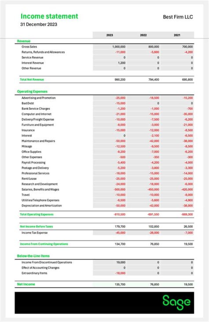Fully formatted income statement with colorsa