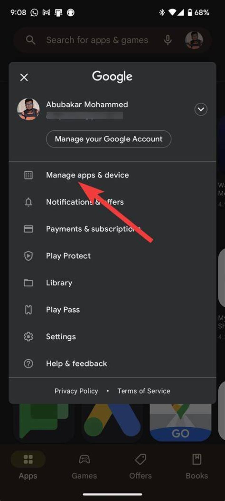 google play store profile menu