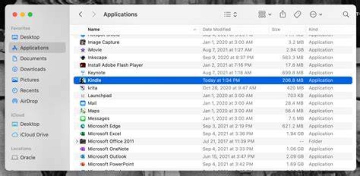 Kindle app in Applications folder on a MacBook Pro
