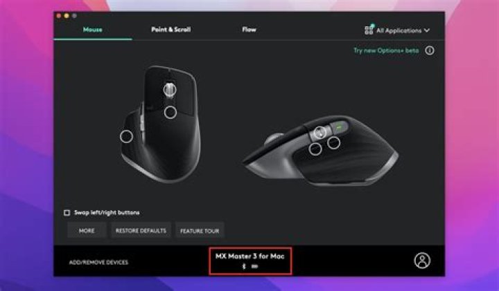 Logitech Options showing battery level on mouse.