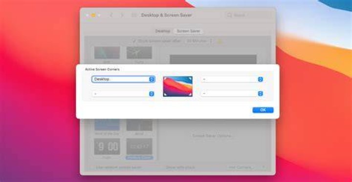 macOS Hot Corner settings with Desktop selected as the top left action