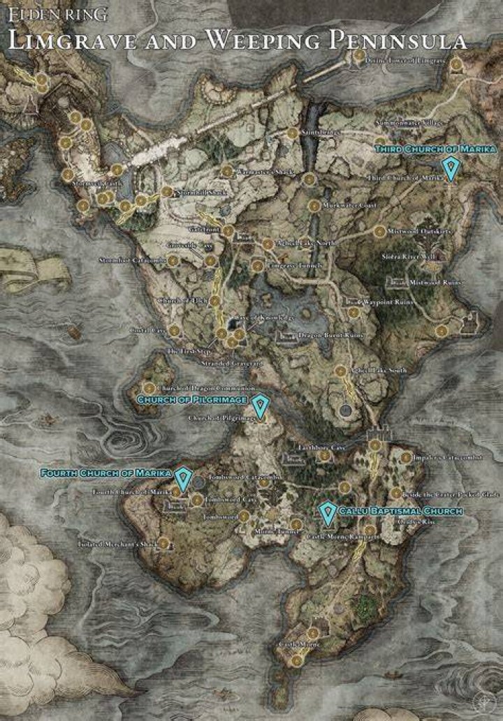 Map showing Limgrave and Weeping Peninsula Sacred Tear locations.