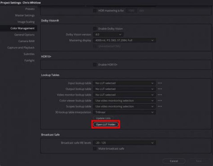 Opening the LUT folder in Resolve.