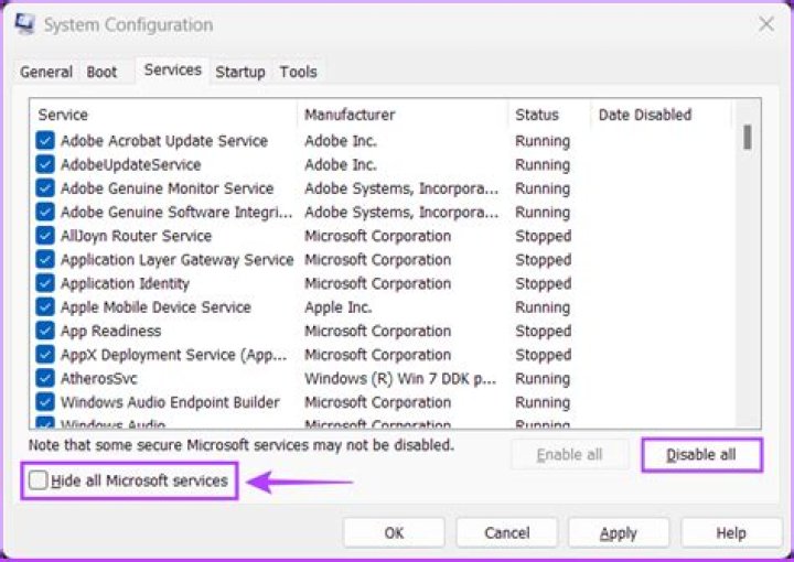 Services tab in the system configuration window
