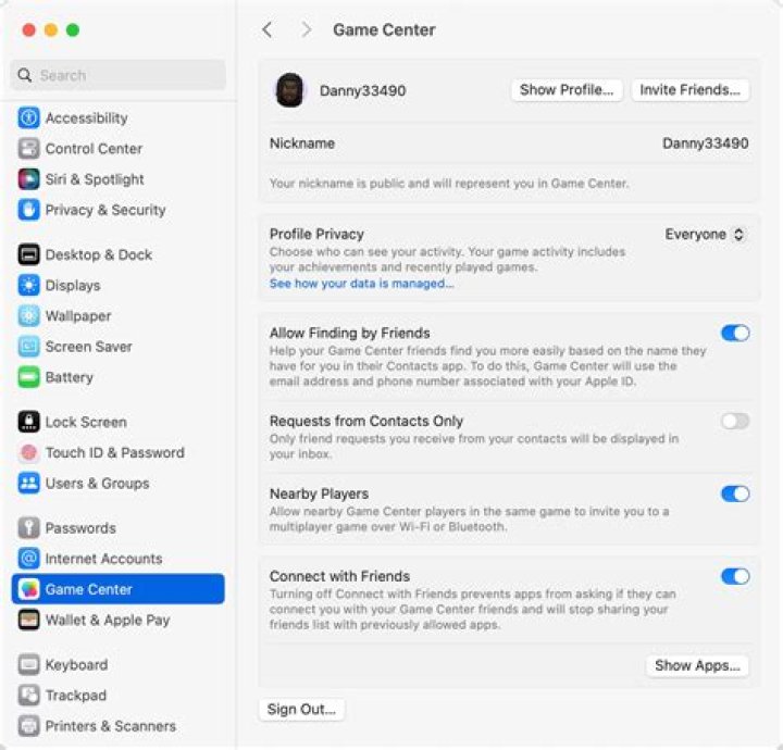 settings game center