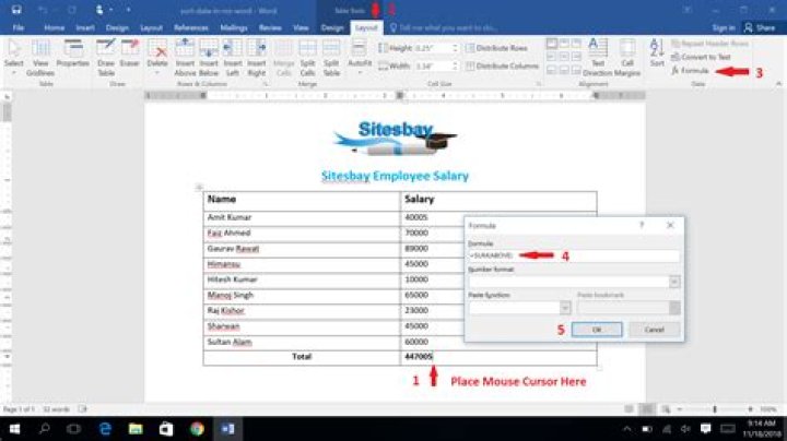 SUM formula in Word