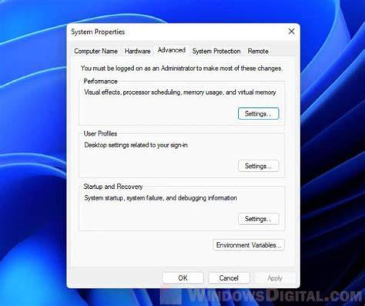 system properties advanced tab
