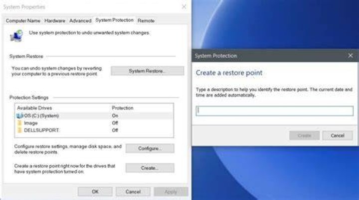 System Protection tab after clicking on 'create'