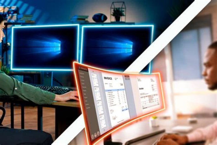 Two monitors showing multitasking windows