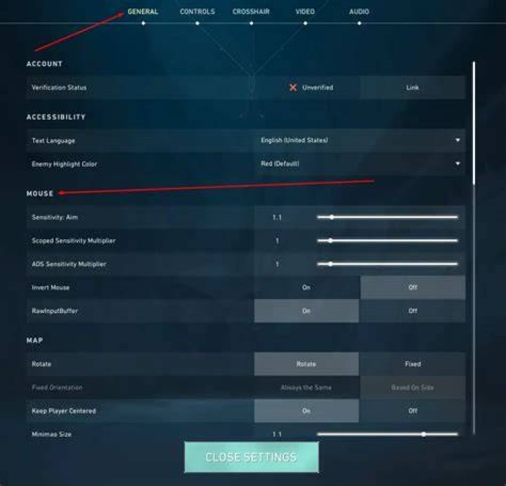 Valorant general settings menu