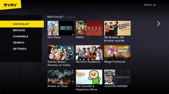 VRV app's Channels page showing Crunchyroll, Mondo, and VRV Select channels