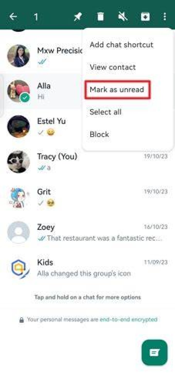 whatsapp mark unread menu option