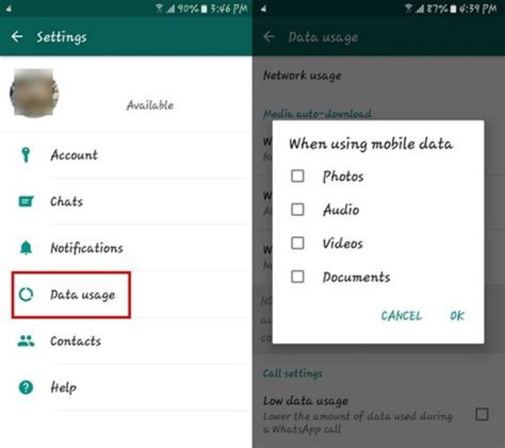 WhatsApp settings-storage and data usage menu