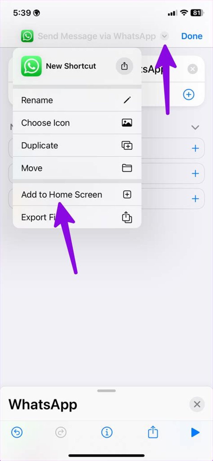whatsapp shortcut menu option