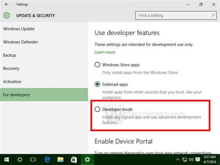 Windows 10 Developer App Setting