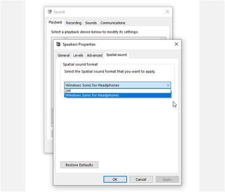 windows 10 spatial sound option control panel