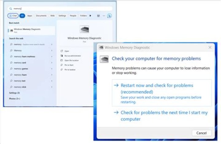 Windows Memory Diagnostic tool dialog box
