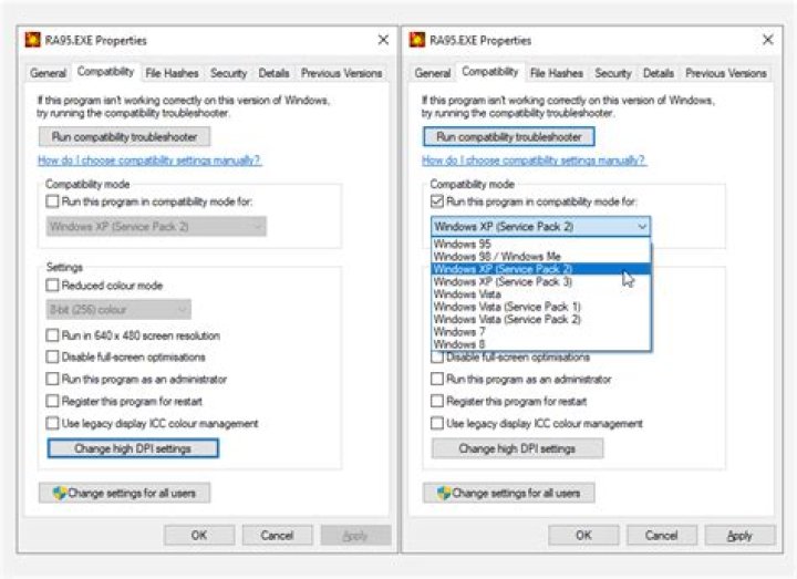 windows properties compatability tab options