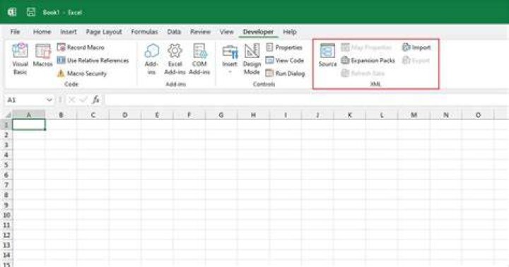 XML section on the Developer tab in Microsoft Excel