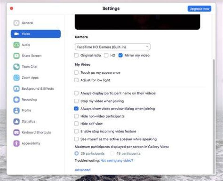 Zoom video settings menu